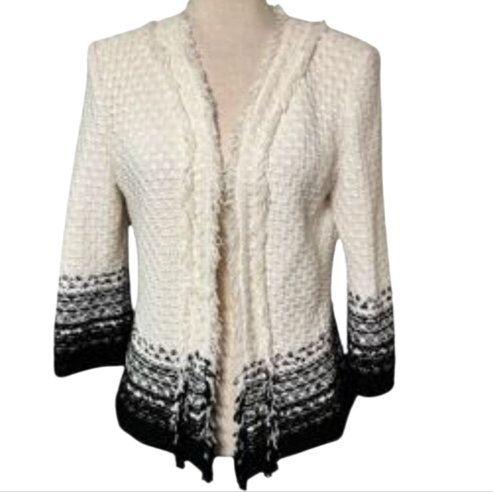 St. John Cream Open Knit Cardigan with Black Ombre Trim